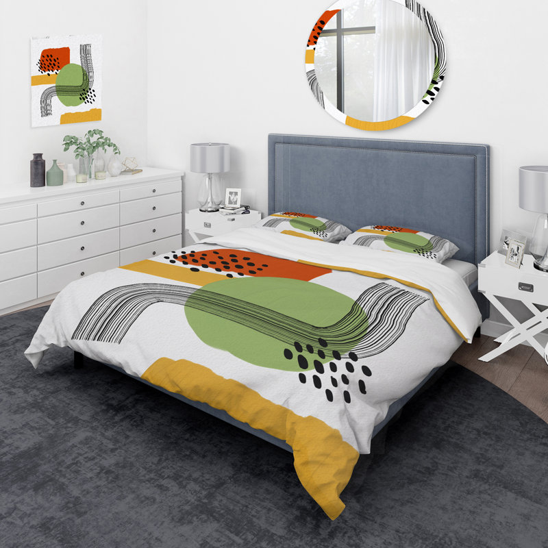 Rouge et vert minimaliste abstrait, pois noirs - ensemble de housse de couette moderne - microfibre de polyester