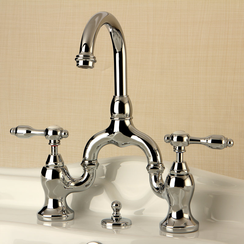 Kingston Brass Tudor Two-Handle 3-Hole Deck Mount Bridge Bathroom Faucet with Brass Pop-Up, Chrome