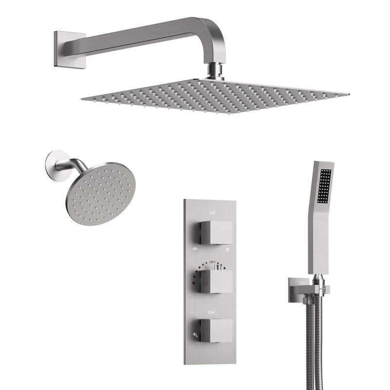 Thermostatic Dual Showerheads System, Wall Mount 12" High-Pressure Rainfall Shower Faucet with Handheld Spray, Brushed Nickel