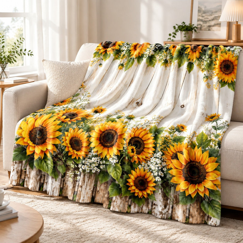 Sunflower Farmhouse Rustic Throw Blanket, Cozy Plush Decorative Blanket for Sofa, Couch, Bedroom, Living Room Home Decor