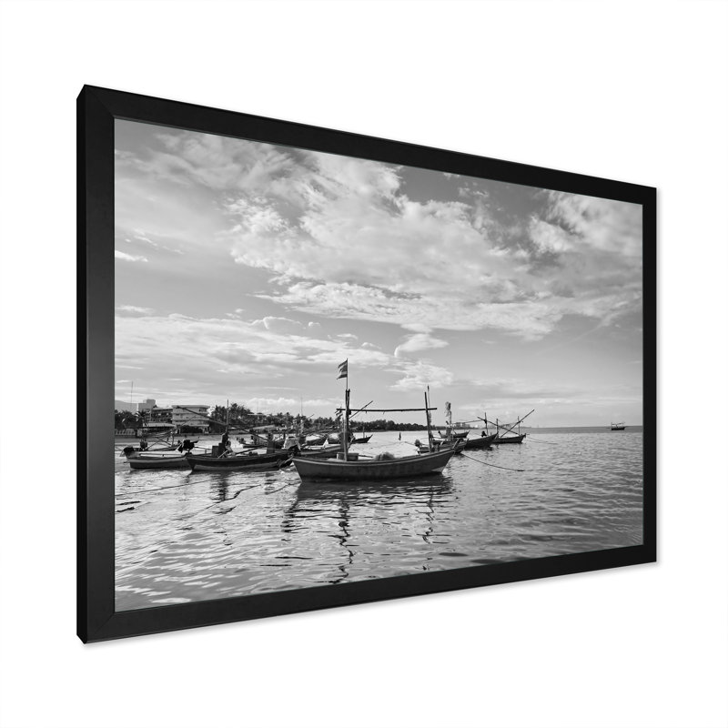 Paysage de pêcheur noir et blanc - Peinture sur toile, H 8 po x l 12 po x P 1 po, Cadre d'angle fermé noir