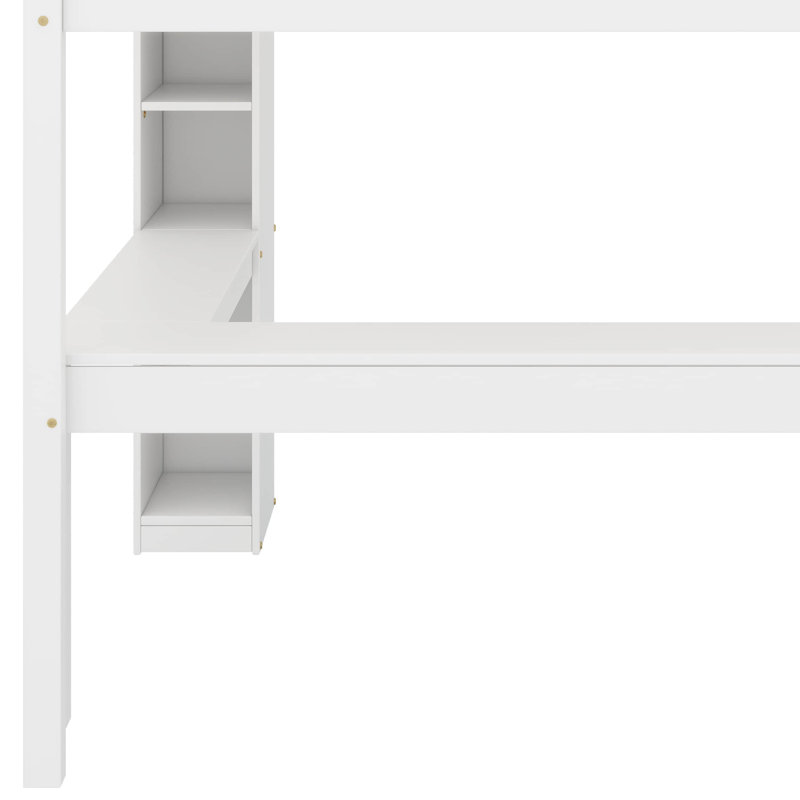 Lit mezzanine double avec bureau en L, garde-robe et tablettes, Blanc