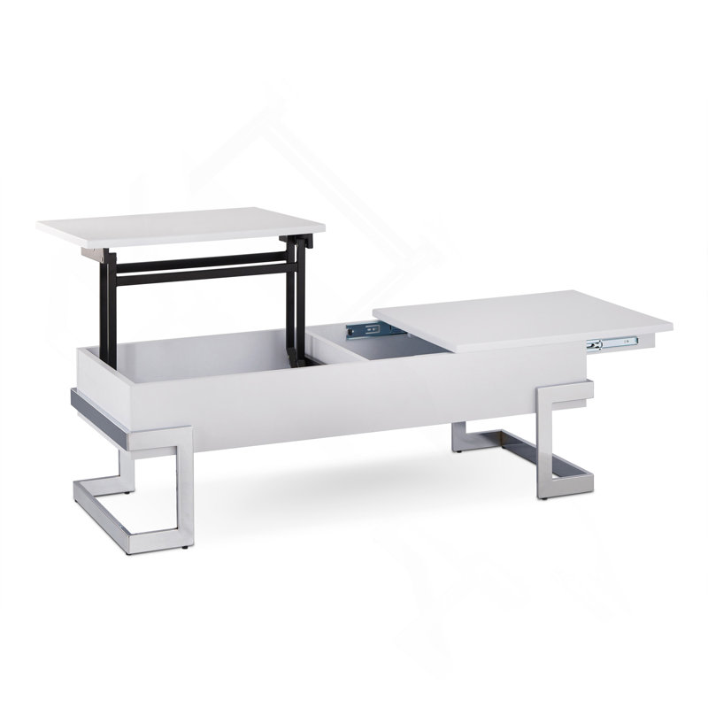 Coffee Table, White High Gloss And Chrome With Lift Top, White