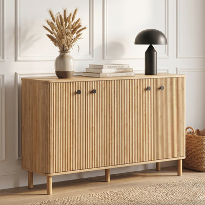 Seyla 55" Sideboard with Solid Wood Legs & 4 Adjustable Shelves, 4 Curved Fluted Door, Beige