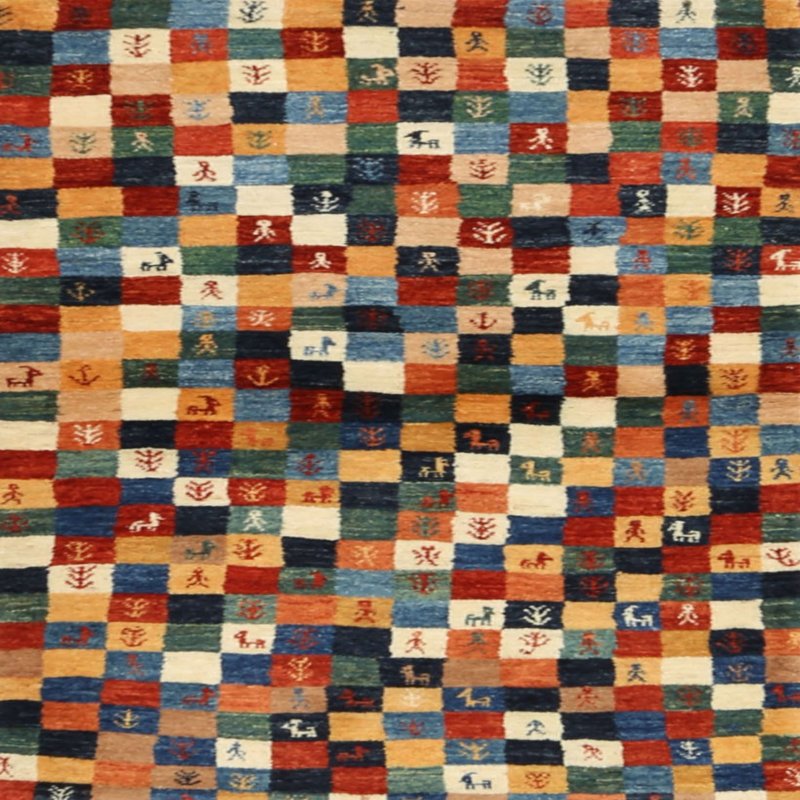 Tapis orange/vert/bleu zone contemporaine, Carré 8 pi