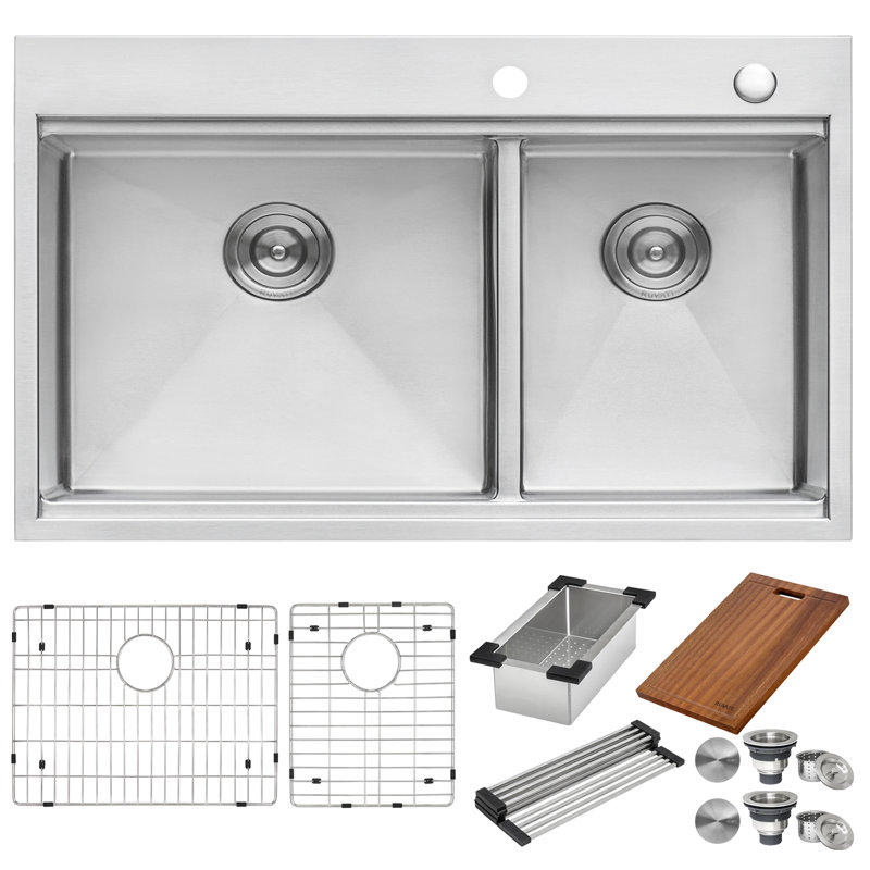 Siena 33" L x 22" W Double Basin Drop-In Kitchen Sink with Basket Strainer