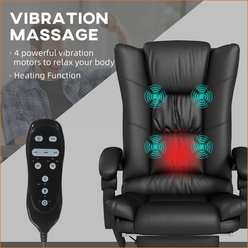 Massage Office Chair with Vibration, Heat &amp; Footrest | Black | PU Leather, Black