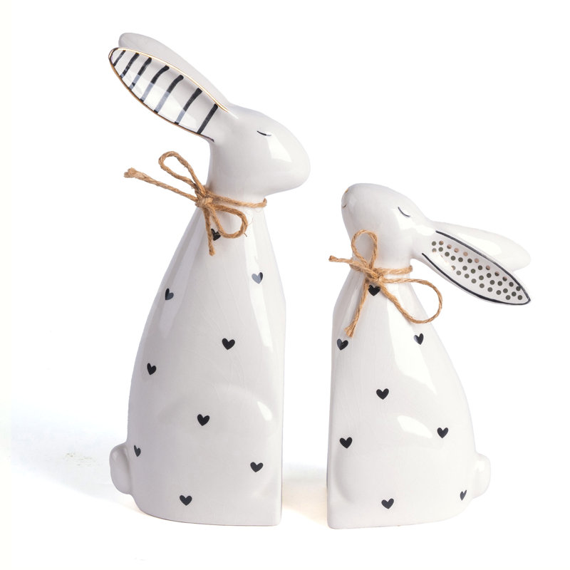  Décorations de lapin de Pâques pour la maison, figurine de statue de lapin blanc en céramique 2 pièces, plateau de table de cadeau de Pâques pour les centres de table de jardin intérieur et extérieur