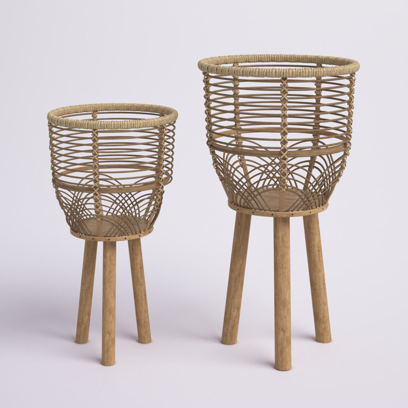 Natural Brown Bamboo and Rattan Wicker Planters with Stands, Set of 2