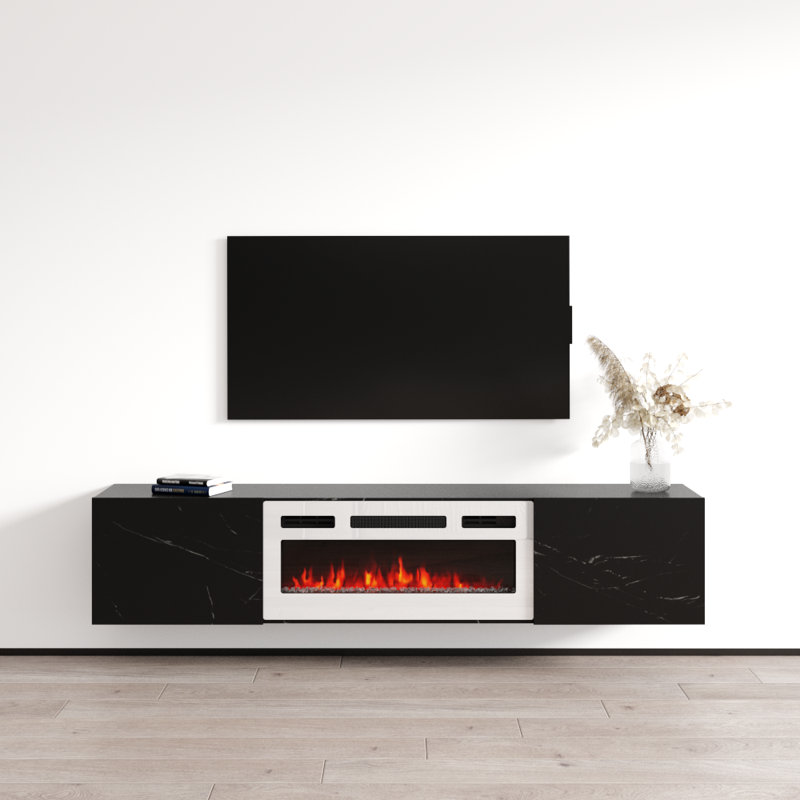 Baja 70.9" Modern TV Stand with Electric Fireplace, Matte Finish, Wall-Mounted, Black Marble