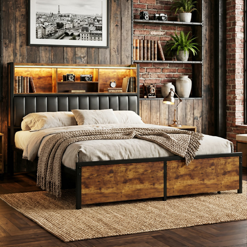 Industrial Metal Upholstered Storage Bed With Bookcase Headboard & Charging Station (USB/Type-C), Rustic Brown & Black PU Frame With LED & 2 Drawers, EU Double & King 140/160X200cm