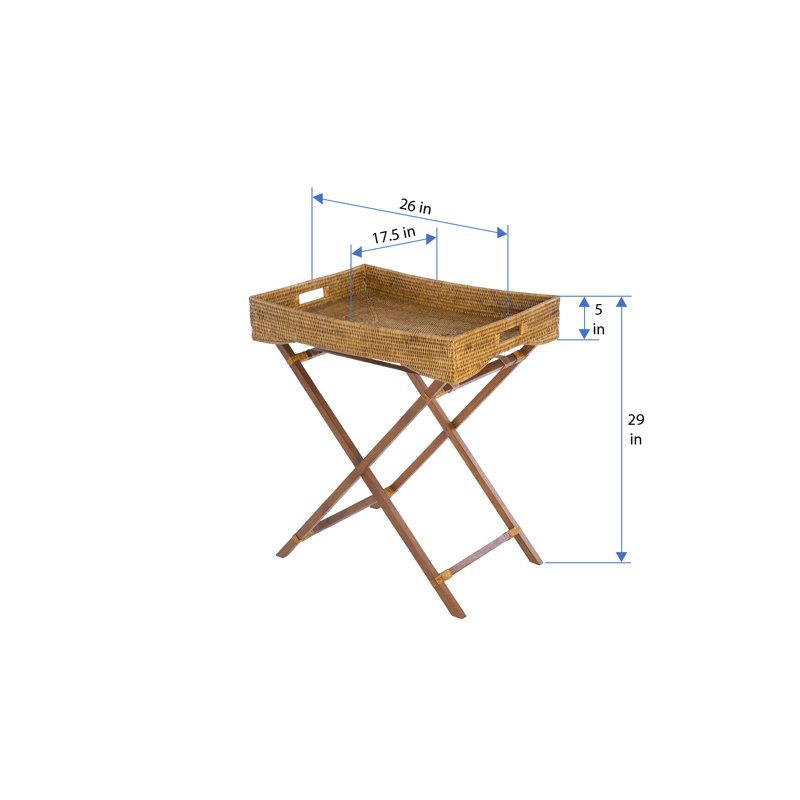 Honey Brown Rattan Butler Tray with Folding Teak Stand