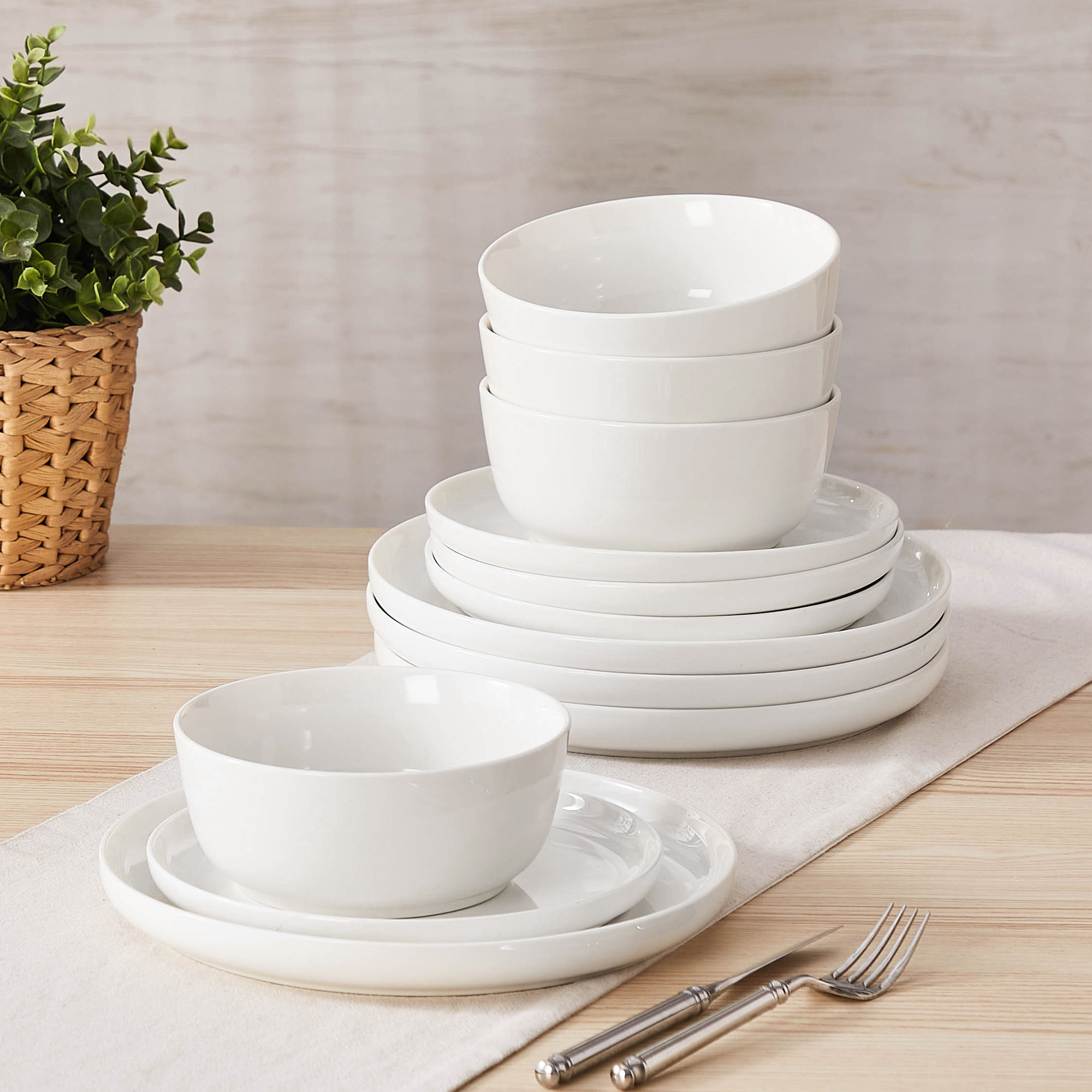 12-Piece White Ceramic Dinnerware Set - Modern Style Tableware Service For 4, Includes Dinner Plates, Salad Plates& Bowls - Holiday, Wedding & Dinner Party Essentials