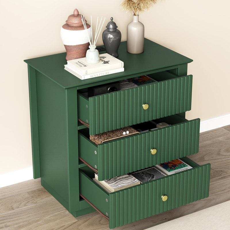 3-Drawer Dresser 24"W Solid Wood Fluted Chest With Built-In Outlets, Green