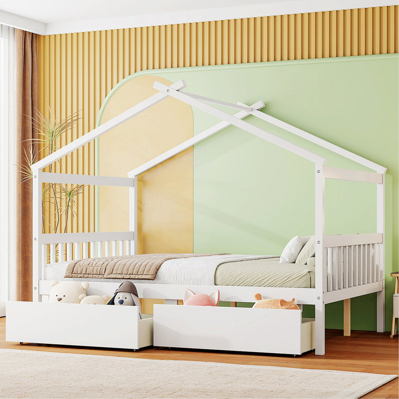Lit en bois avec tiroirs, Double, Blanc