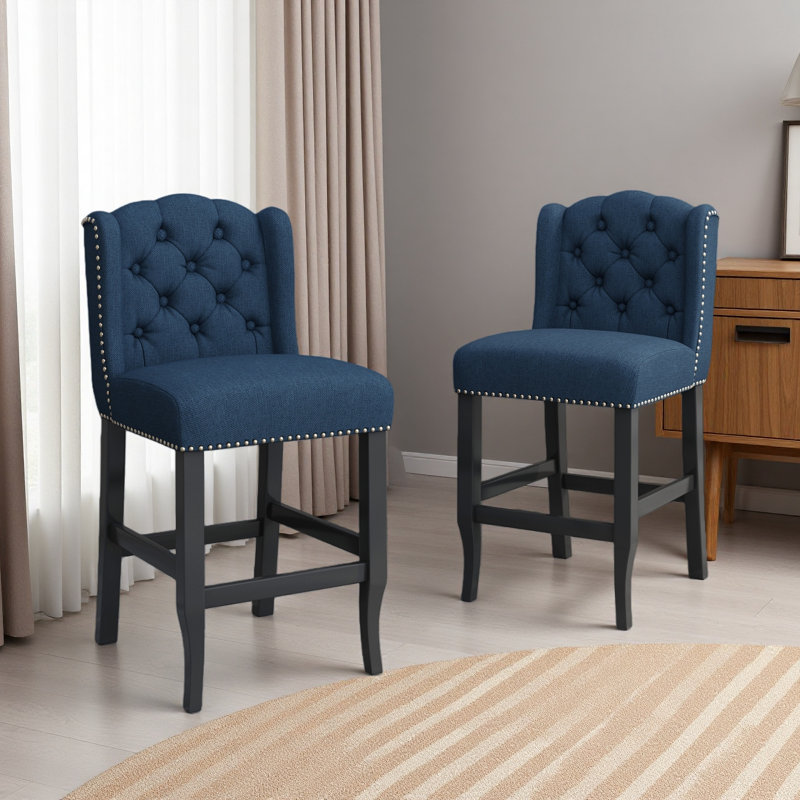 Tabourets de comptoir à oreilles touffetés en tissu Contemporary, ensemble de 2, Bleu