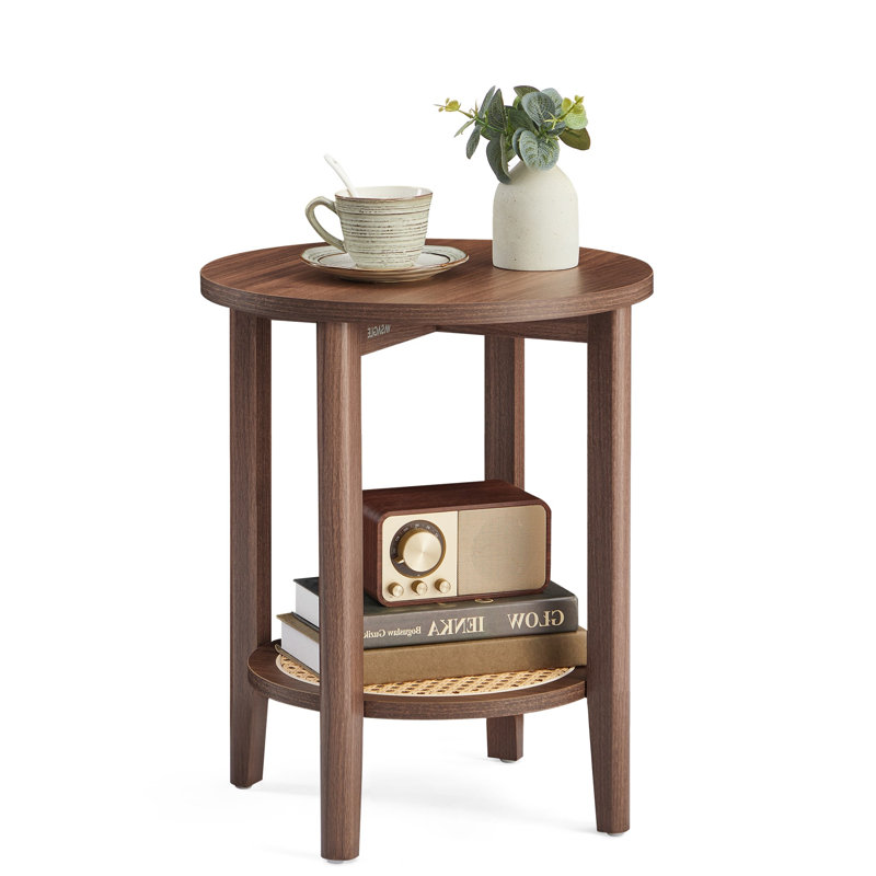 Table de bout ronde ronde, table de chevet Boho à 2 niveaux avec tablette de rangement en rotin, table de chevet pour petits espaces, salon, chambre à coucher, bureau à domicile