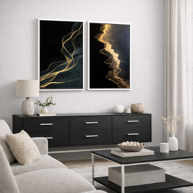 "Modern Gold Line", art abstrait, images de salon, impression sur toile encadrée, 2 pièces, H 36 po x l 48 po