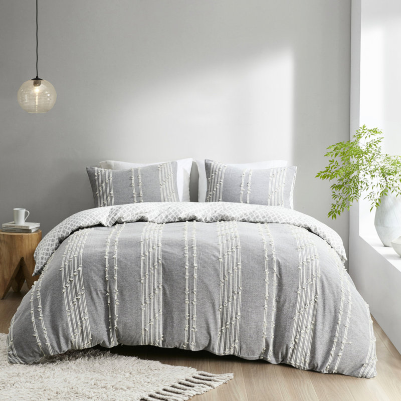 Literie en coton très grand / très grand - fond gris avec broderie, couette boutonnée, 4 attaches intérieures, 100% coton, réversible, lavable à la machine, 3 housse de couette grise, rayée, boutonnée, en coin