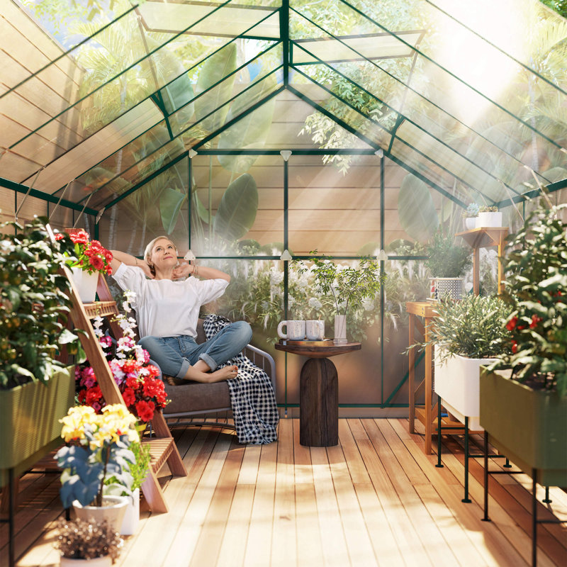 Ensemble de serre de jardin en polycarbonate en aluminium 16 po x 8 po avec évent de toit réglable, gouttière et porte coulissante pour l'hiver, transparent