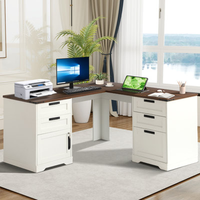 Bureau de direction en L 60 po avec tiroirs, bureau de maison de ferme avec station de charge, bureau d'ordinateur de coin en bois avec classeur,