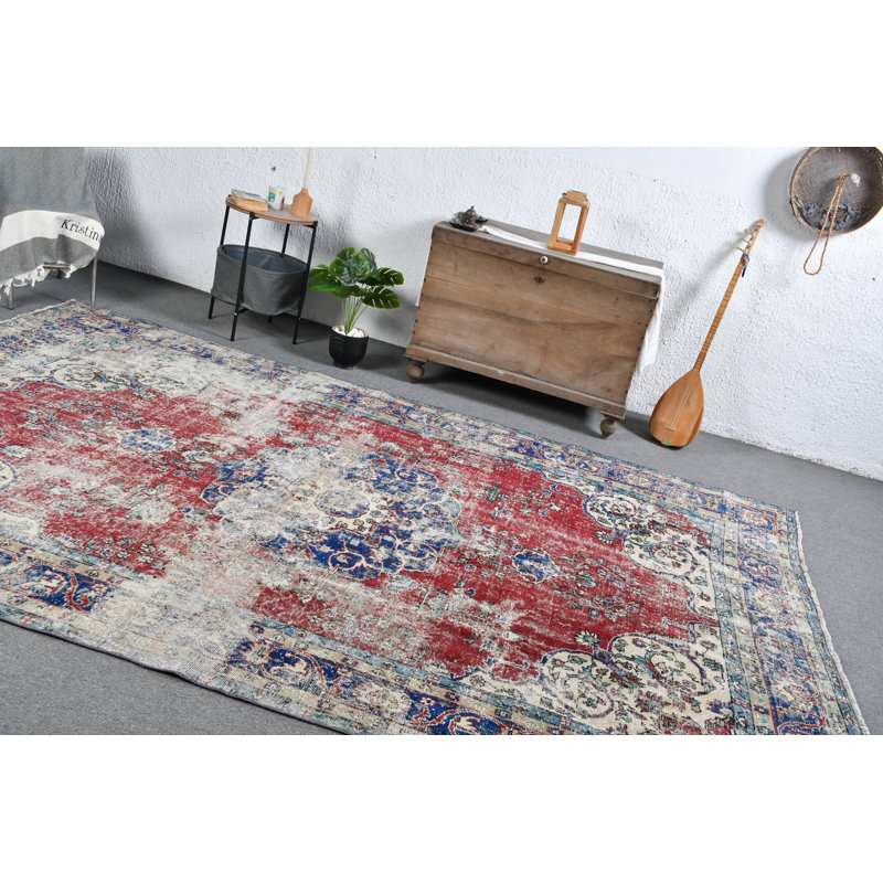 Très grand tapis turc rouge rustique au design oriental bohémien unique, idéal pour le salon, bleu / rouge