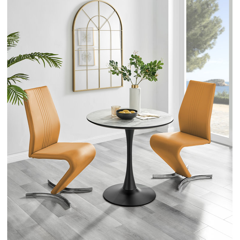 Ellis White Marble Effect Melamine Round Dining Table Set with 2 Modern Design Faux Leather Chairs, White Marble Effect