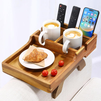 Plateau pour accoudoirs en bois d'acacia, table d'appoint 15,35 po x 9,85 po avec porte-gobelet