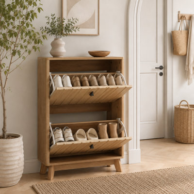 Armoire à chaussures étroite avec tablettes réglables et portes à rainures verticales