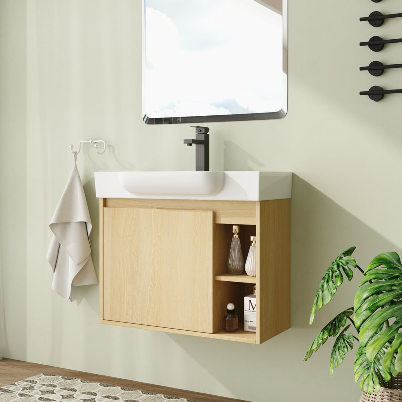 Meuble-lavabo mural 28 po avec plateau en céramique et porte à fermeture en douceur 28 po, Chêne original, 28"