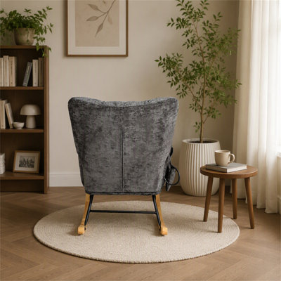 Chaise berçante moderne pour chambre de bébé, fauteuil d'allaitement coulissant à dossier haut en chenille avec anneau latéral décoratif et support lombaire à coussin gonflable, fauteuil confortable pour chambre de bébé, salon et chambre à coucher