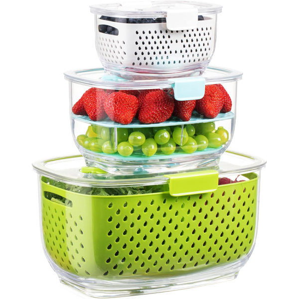 Prokeeper Fresh Produce Keeper Set, 4-Pack Built-in Colander Stackable  BPA-Free