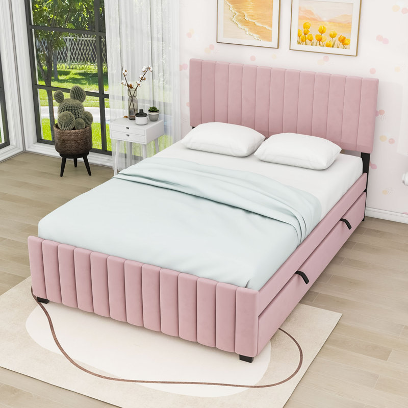 Lit plateforme tapissier avec lit gigogne, Pink