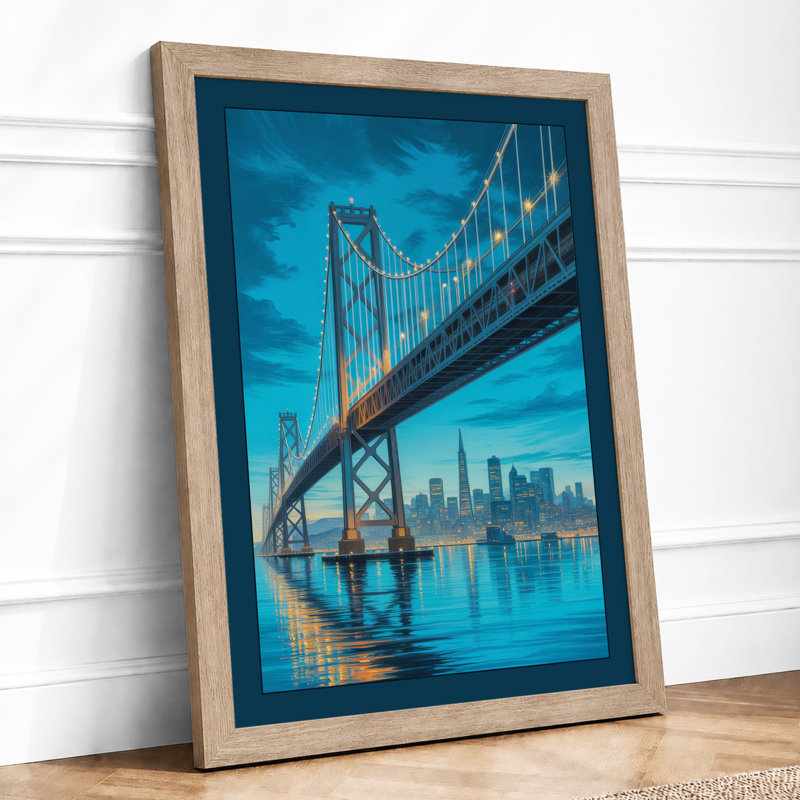 Bridge to City Lights Modern - Framed Print, A2 - 59.4 x 42.0 cm, Oak