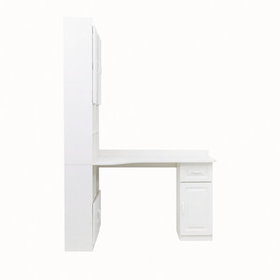 Bureau d'ordinateur d'angle en L pour bureau à domicile ou bureau d'étude, table d'étude de style moderne avec tiroirs, bibliothèque et huche, conception en L 2 en 1, grand espace de travail, blanc