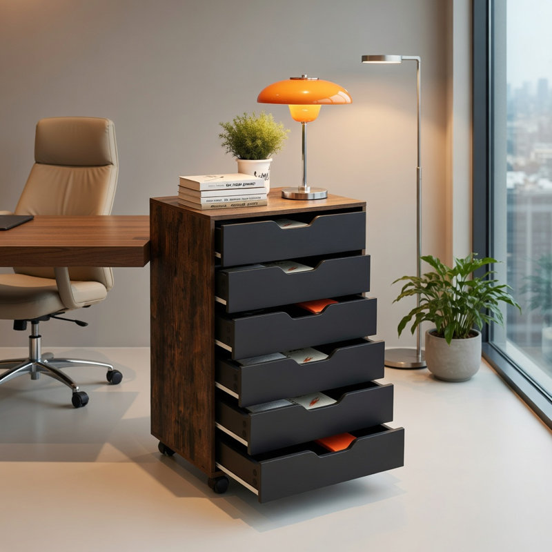  Commode de rangement en bois à 7 tiroirs avec roulettes verrouillables, rangement compact pour chambre ou bureau, brun rustique