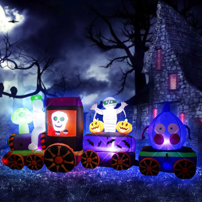 Train fantôme gonflable d'Halloween de 11 pi avec têtes d'oignons et crânes de, lumières DEL intégrées pour Halloween, décor de fête intérieur / fête / jardin / jardin