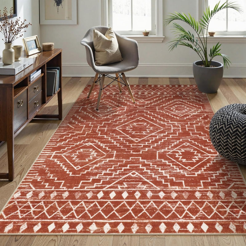 Terracotta White Tribal Diamond 5' x 7' Area Rug for Bedroom Hallway