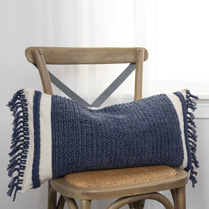 Blue Woven Cotton Rectangular Throw Pillow with Macrame Fringe