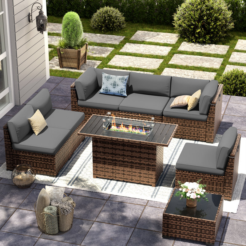 Bhairavi Wicker - Person Modular Patio Conversation Set with Cushions, Gray, 6