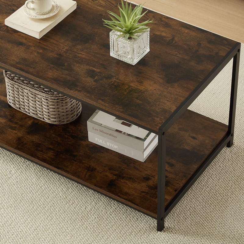 Adalayah Coffee Table Rustic Wooden Brown Grain Finish Living Room Storage Shelf 2 Tier
