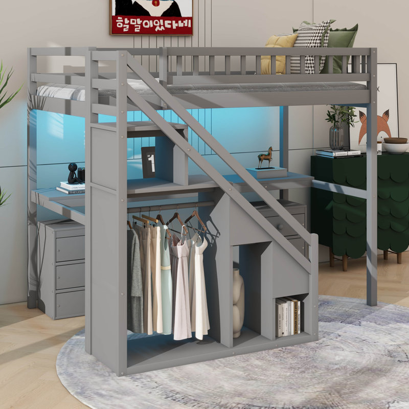 Lit mezzanine amélioré avec commode et bande lumineuse, gris, Simple