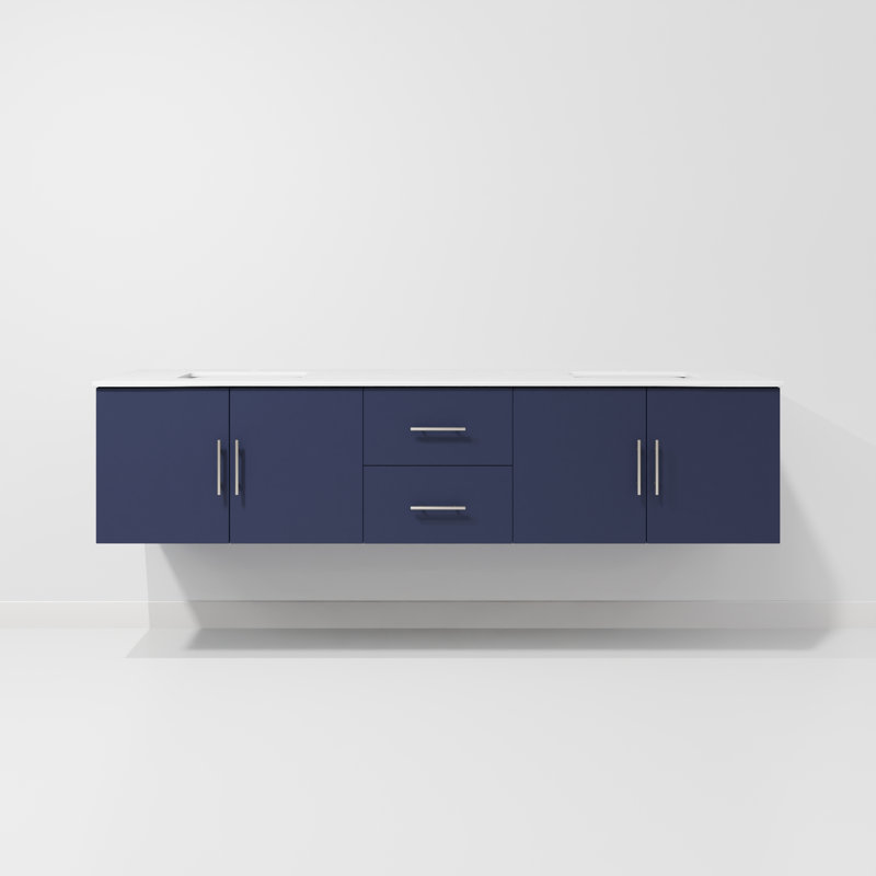 Geneva 80" Double Vanity, Square Sinks And No Mirror, Navy Blue, White Quartz