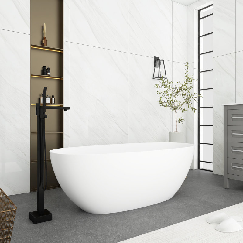 65'' Matte White Freestanding Solid Surface Soaking Bathtub