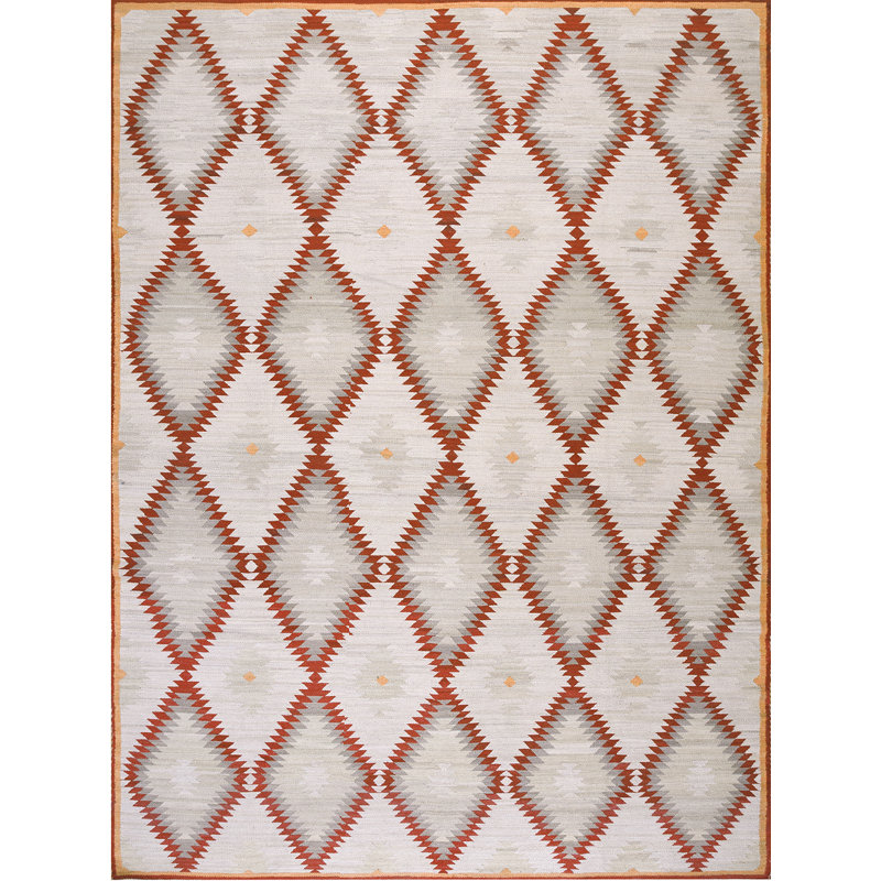 Tapis rouge / gris en laine noué à la main de conception unique 8 pi x 10 pi