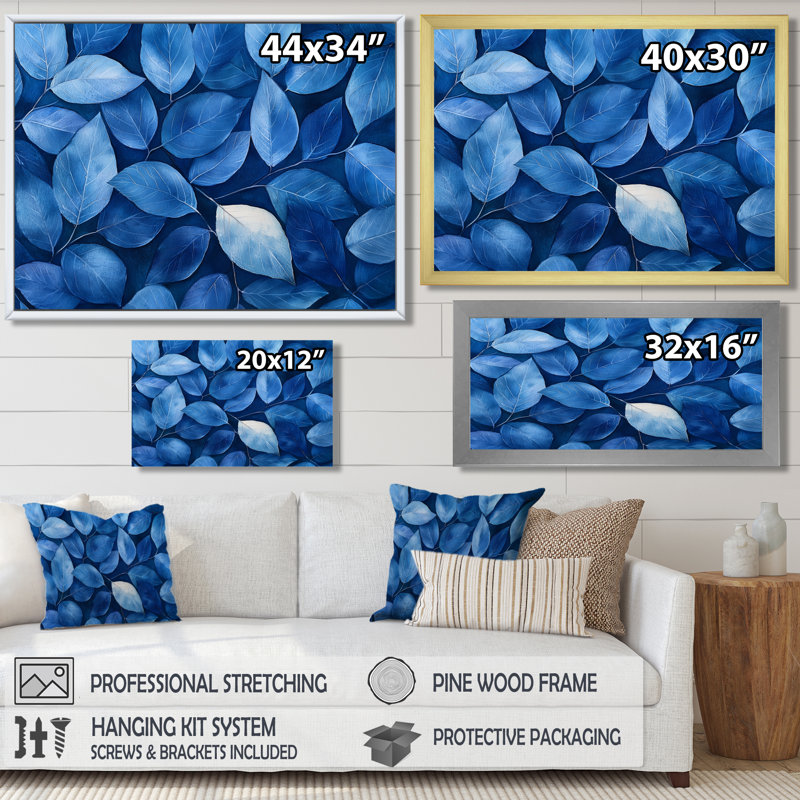Indigo feuilles feuillage collage II - feuilles, art mural, H 28 po x l 60 po, Impression encadrée flottante, Blanc