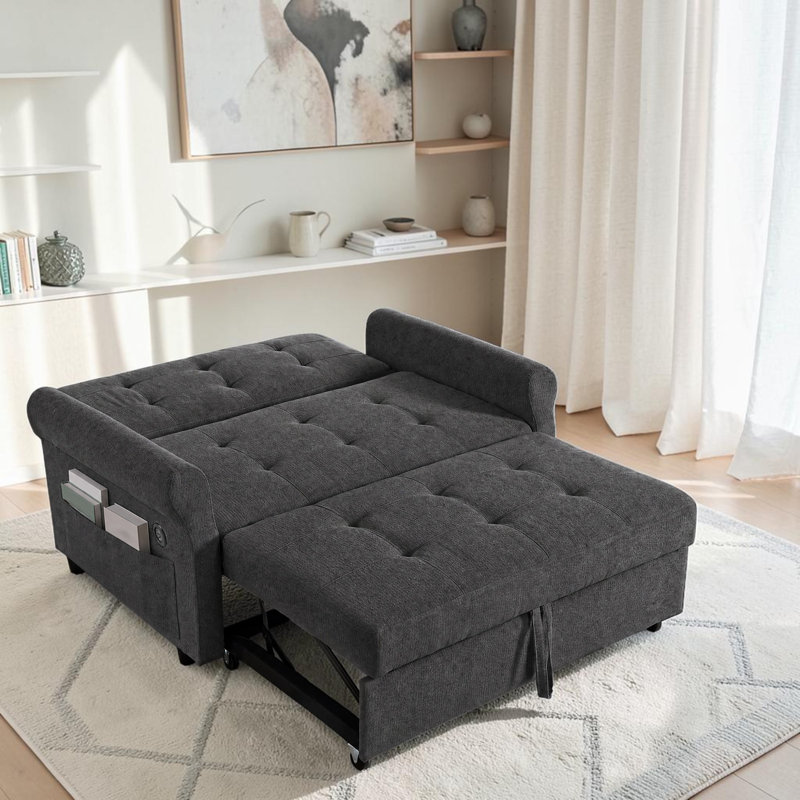 2 Seater Chenille Sleeper Sofa, Grey Chenille