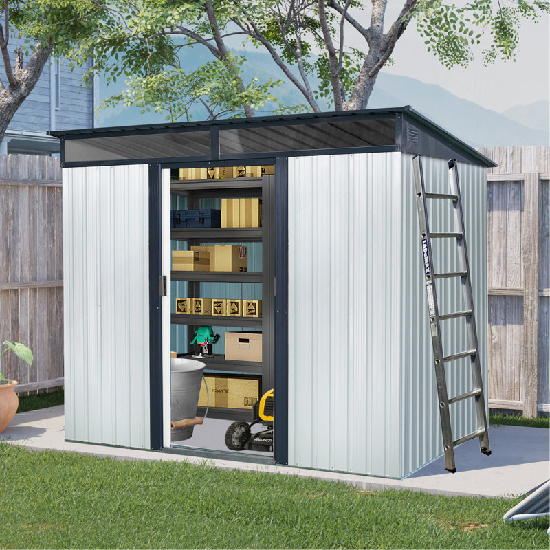 8Ft X 6Ft Outdoor Metal Storage With Lockable Sliding Doors And Transparent Plate For Garden, Lawn, White/Black
