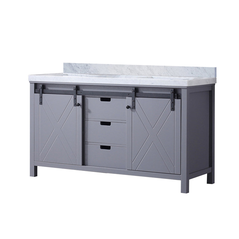 Meuble-lavabo double gris foncé 60 po X P 22 po avec marbre - fabrication en bois massif, tiroirs à fermeture en douceur, égratignure et teinture - comptoir, cadre de comptoir avec rangement de 60 po x 22 po, portes et égratignures