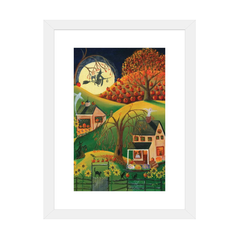 «Halloween Witches House» par Cheryl Bartley - impression d'art graphique, H 24 po x l 16 po x P 1 po, Papier encadré blanc
